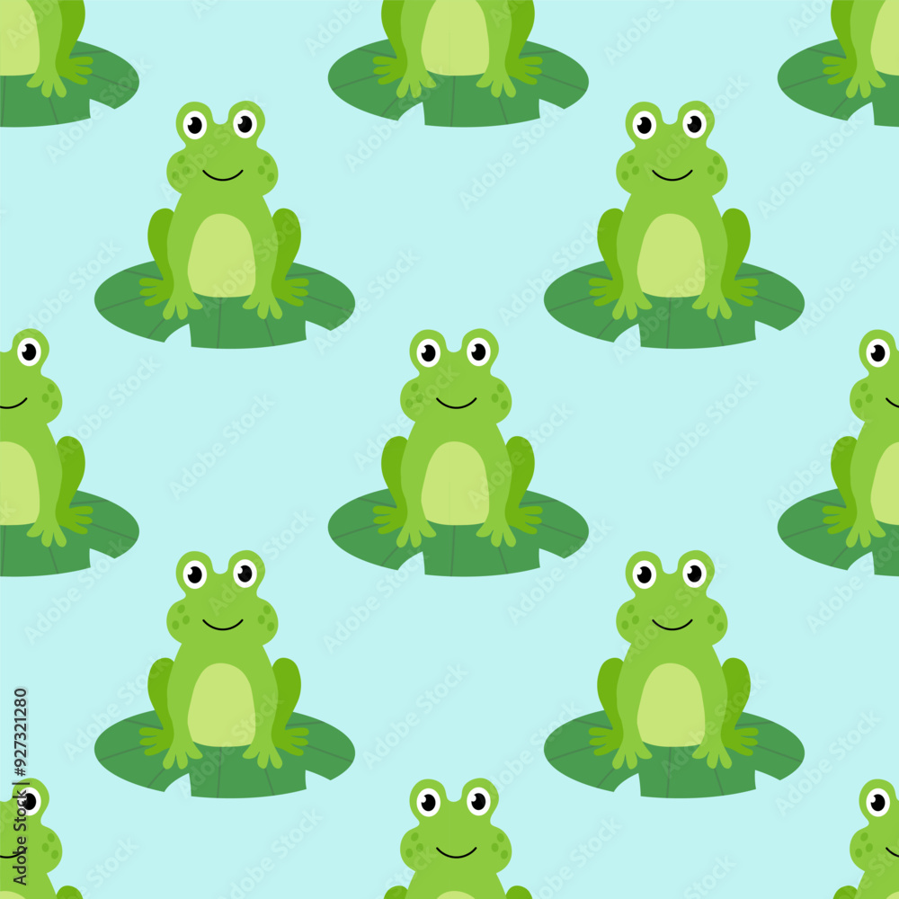 Seamless Pattern with Cute frog sit on water lily leaf. Children Hand drawn vector flat illustration. Seamless Pattern with Cute frog sit on water lily leaf. Children Hand drawn vector flat illustration.