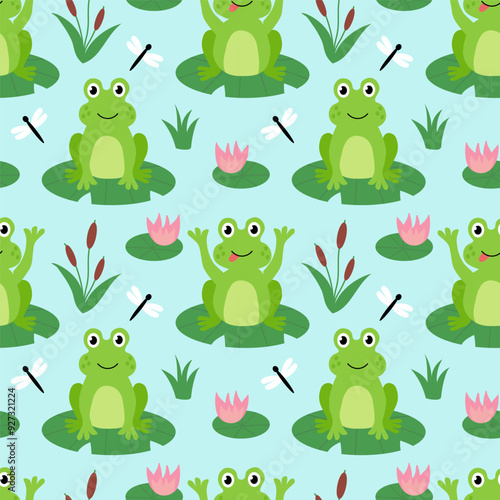 Seamless Pattern with cute frogs, dragonfly, water lily, reed on the lake. Children background. Vector flat illustration.