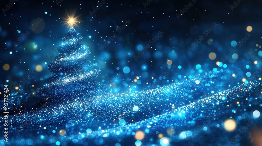 A Christmas tree with a star on top is surrounded by a blue and white background A Christmas tree with a star on top is surrounded by a blue and white background