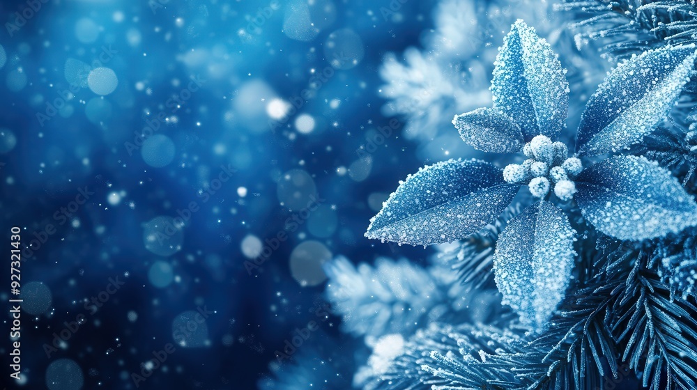 A blue background with snowflakes and a blue flower with frost on it A blue background with snowflakes and a blue flower with frost on it