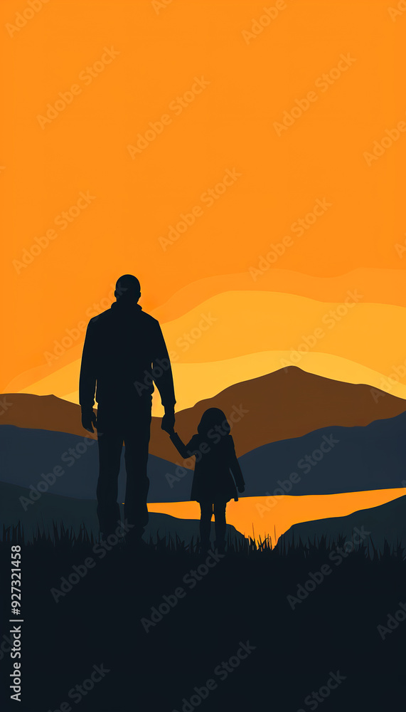 Fototapeta premium Silhouette of a father and daughter walking hand-in-hand at sunset