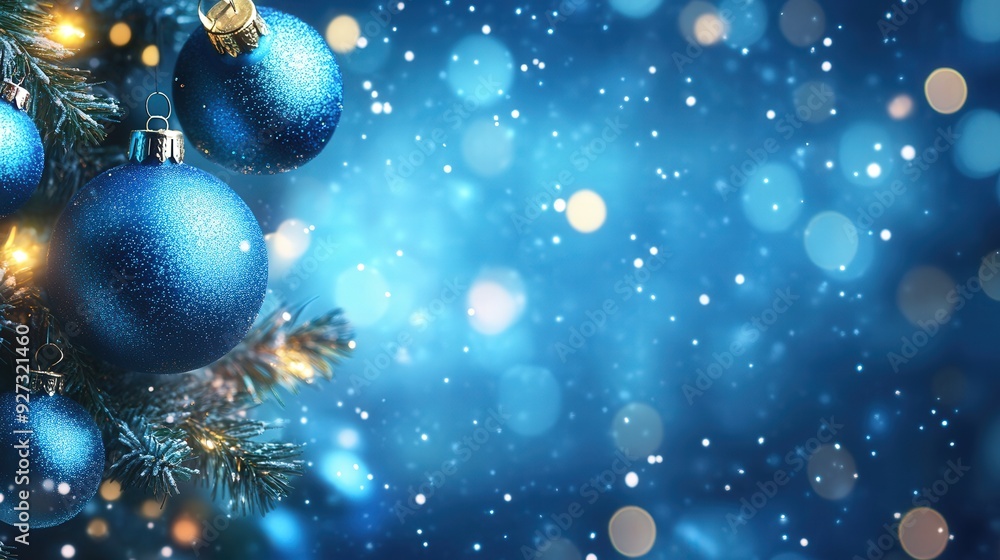 A blue Christmas tree with blue ornaments and snow falling on it A blue Christmas tree with blue ornaments and snow falling on it
