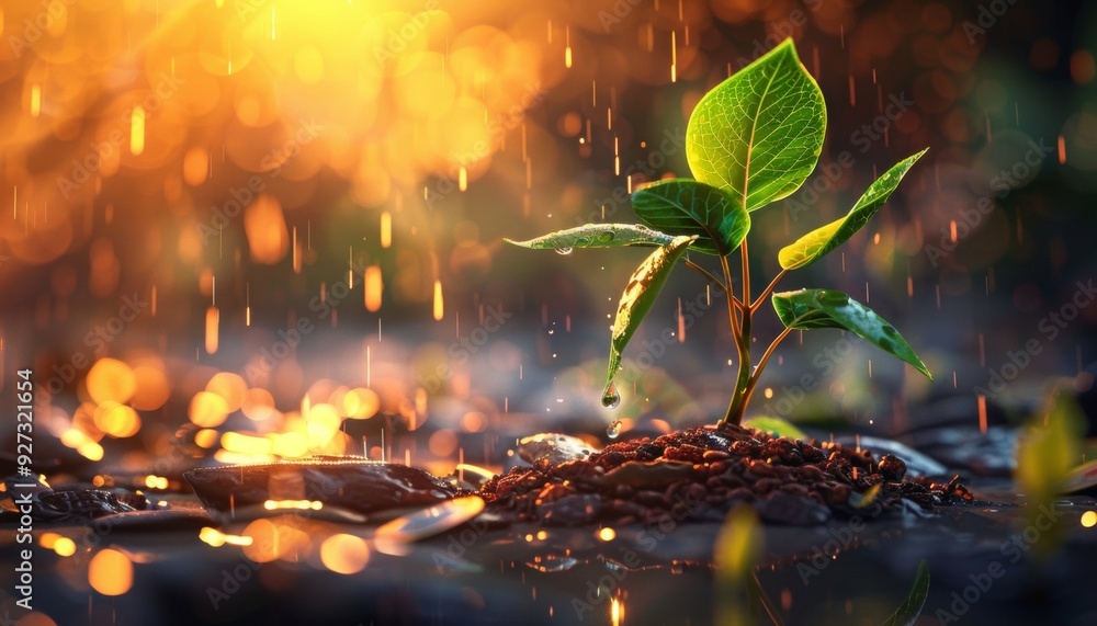 Young Plant in Pot with Water Droplets and Colorful Background Young Plant in Pot with Water Droplets and Colorful Background