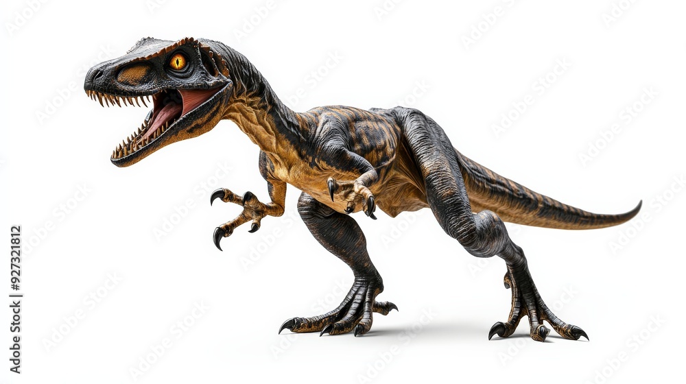 Dinosaur model with open-mouthed roar, showcasing realistic details and lifelike appearance, isolated on a white background. Dinosaur model with open-mouthed roar, showcasing realistic details and lifelike appearance, isolated on a white background.
