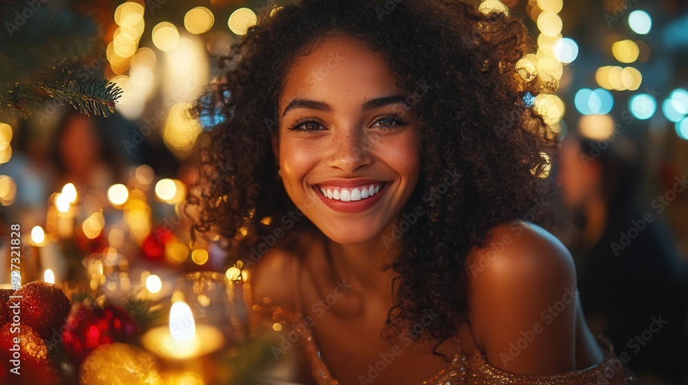 A woman with curly hair is smiling and holding a bunch of Christmas decorations A woman with curly hair is smiling and holding a bunch of Christmas decorations