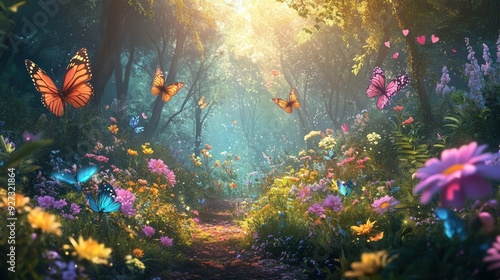 A colorful butterfly garden with many butterflies flying around