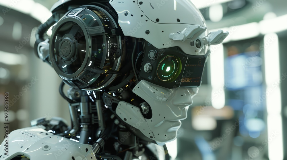 Close-up of a futuristic robot's head with a glowing screen and intricate details. Close-up of a futuristic robot's head with a glowing screen and intricate details.