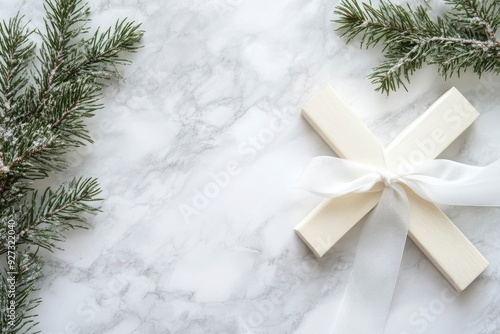 Wallpaper Mural White christianity wooden cross with white silk ribbon and green fir branch on a light grey marble background with copy space. Christmas holidays. Christian religion background. Flat lay, ai Torontodigital.ca