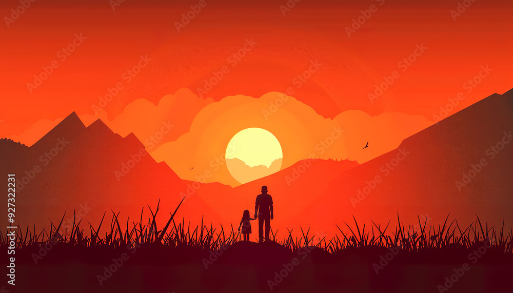 Fototapeta premium Silhouette of a father and daughter against a fiery sunset over a mountainous landscape