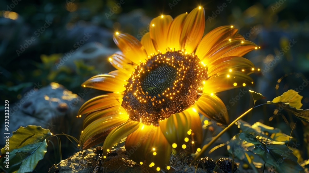 Naklejka premium Futuristic sunflower with LED-like petals glowing in a digitally enhanced natural setting