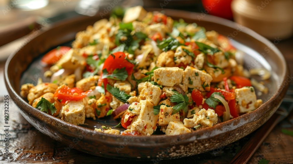 Vibrant tofu scramble with peppers and onions, beautifully presented in natural light Vibrant tofu scramble with peppers and onions, beautifully presented in natural light