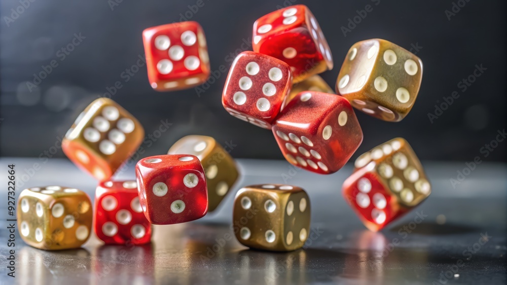 Image of Several Red Dice Falling on Black Surface in Motion Image of Several Red Dice Falling on Black Surface in Motion
