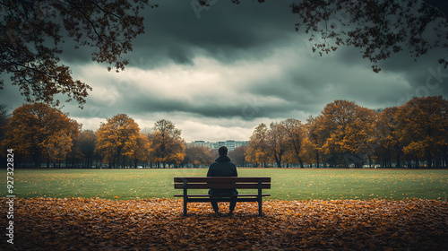 Sad Stock Photo: Capturing Loneliness with a Solemn Autumn Scene on a Park Bench photo