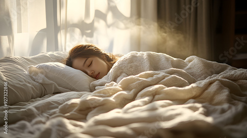 Sleeping Stock Photo: Peaceful Morning Scene with Cozy Bed and Soft Linens