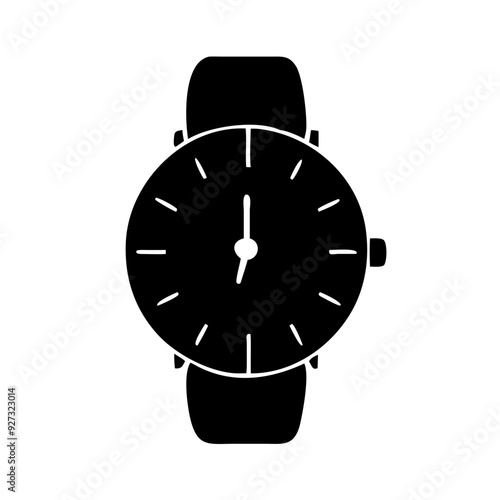 Black Flat Classic Wristwatch Icon: A high-resolution, elegantly simple vector icon representing a classic wristwatch. This icon features a timeless design with a round face and traditional watch hand