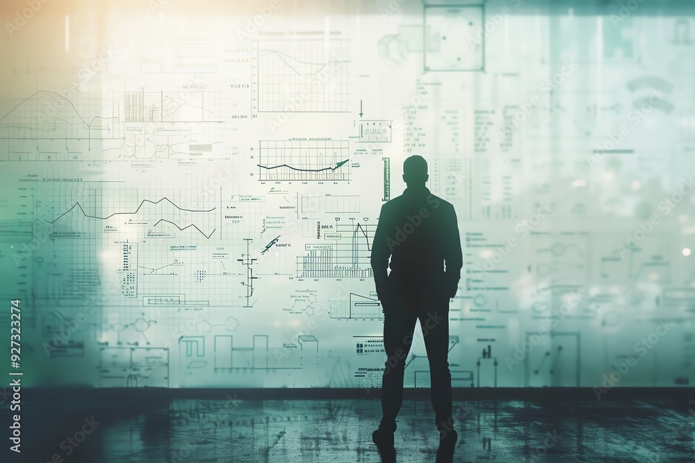 Silhouette of a businessperson standing in front of a futuristic screen displaying data and charts, symbolizing analytics and decision-making. Silhouette of a businessperson standing in front of a futuristic screen displaying data and charts, symbolizing analytics and decision-making.