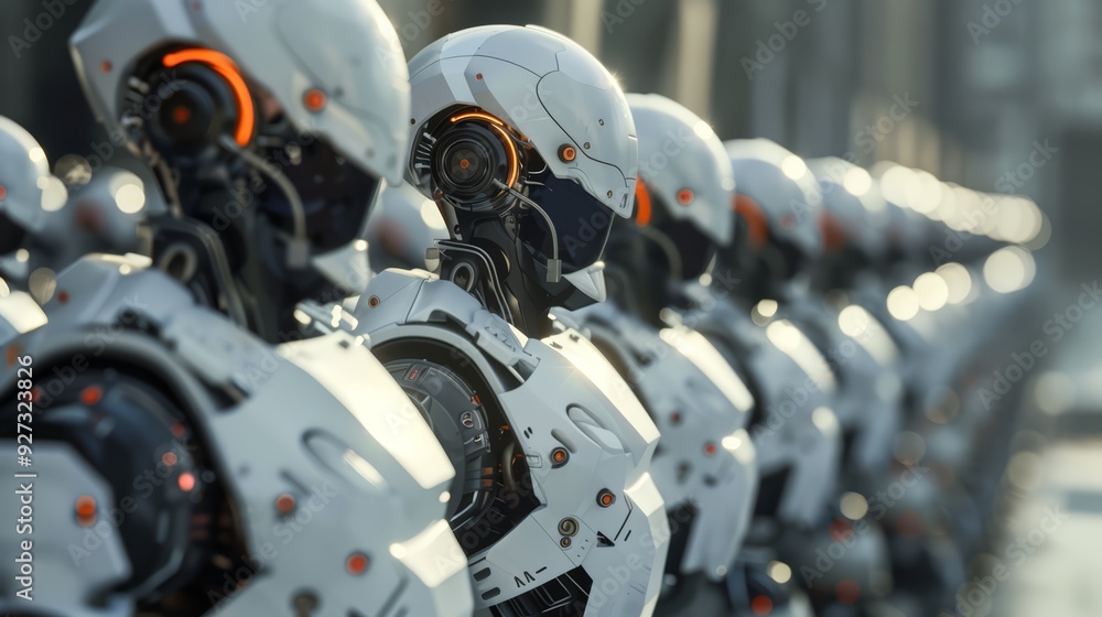 A line of futuristic robots stand in formation, their white bodies gleaming with intricate details and glowing orange lights. A line of futuristic robots stand in formation, their white bodies gleaming with intricate details and glowing orange lights.