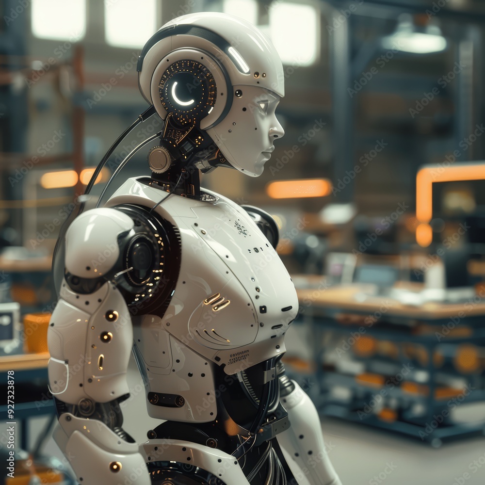 A humanoid robot with a white and black exterior stands in a workshop, looking to the right. A humanoid robot with a white and black exterior stands in a workshop, looking to the right.