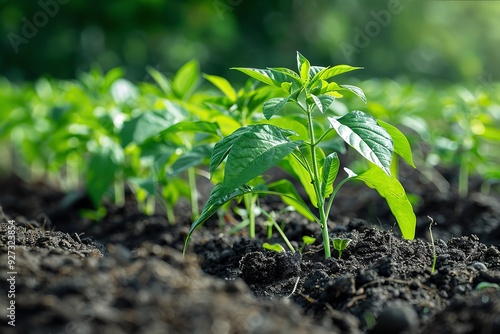 A new plants developing in soil in a row raised with biochar on a field with a nature background and a big space for textual or backdrop use a close shot, Generative AI. photo