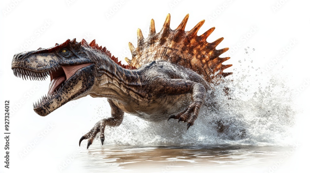 Ferocious spinosaurus splashing in water, showcasing powerful stance and realistic details in a dramatic and action-packed scene. Ferocious spinosaurus splashing in water, showcasing powerful stance and realistic details in a dramatic and action-packed scene.