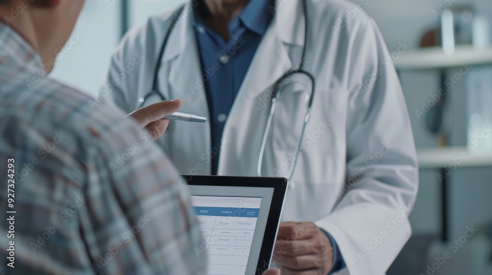 A doctor in a white coat points to a tablet showing a schedule while talking to a patient. A doctor in a white coat points to a tablet showing a schedule while talking to a patient.