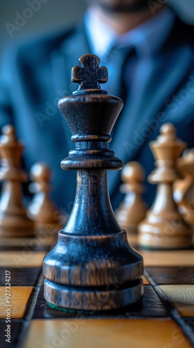 Close-up of a chess king piece on a chessboard with blurred pieces in the background, portraying strategy and competition.