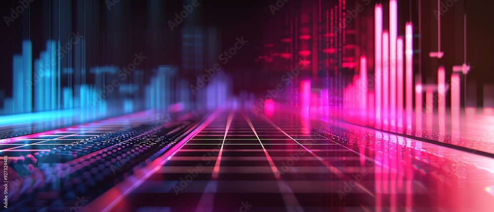 Abstract futuristic digital landscape with vibrant neon lights and data visualization elements. High-tech background for technology concepts. Abstract futuristic digital landscape with vibrant neon lights and data visualization elements. High-tech background for technology concepts.