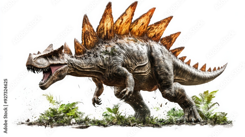 Naklejka premium Fierce dinosaur with spiked back in a dynamic, roaring pose, surrounded by greenery, showcasing prehistoric wildlife in vivid detail.