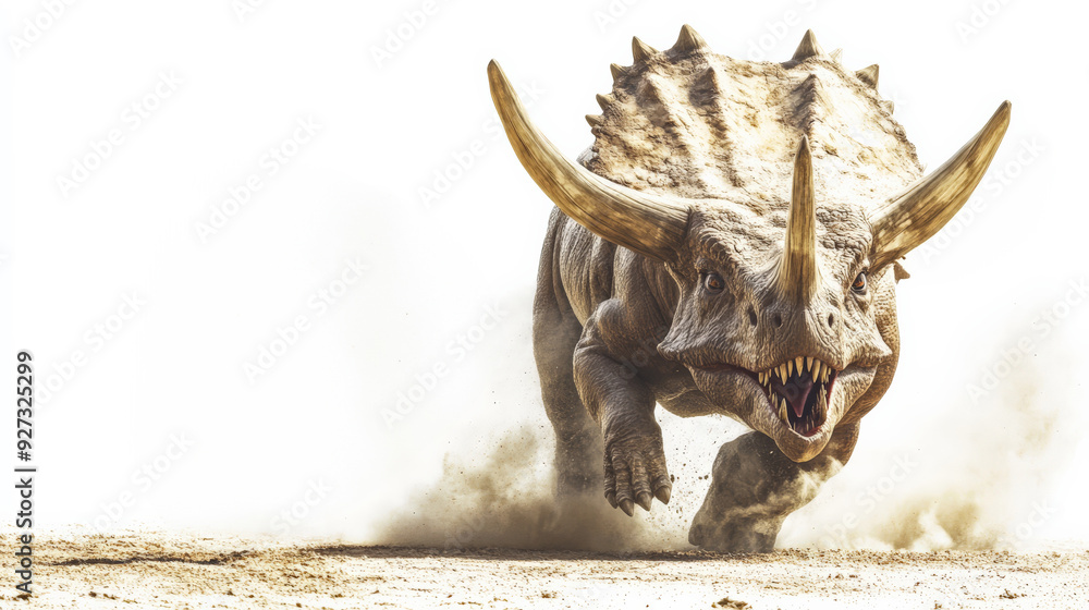 Fototapeta premium Fierce triceratops dinosaur charges forward in a dynamic action scene, showcasing the prehistoric giant's power and strength.