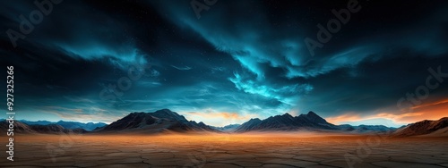 Mammatus clouds glowing softly in the twilight sky over a serene mountain range photo