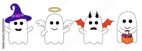 Cute Halloween ghosts in costumes. Holidays cartoon characters. Vector Flat Illustration.