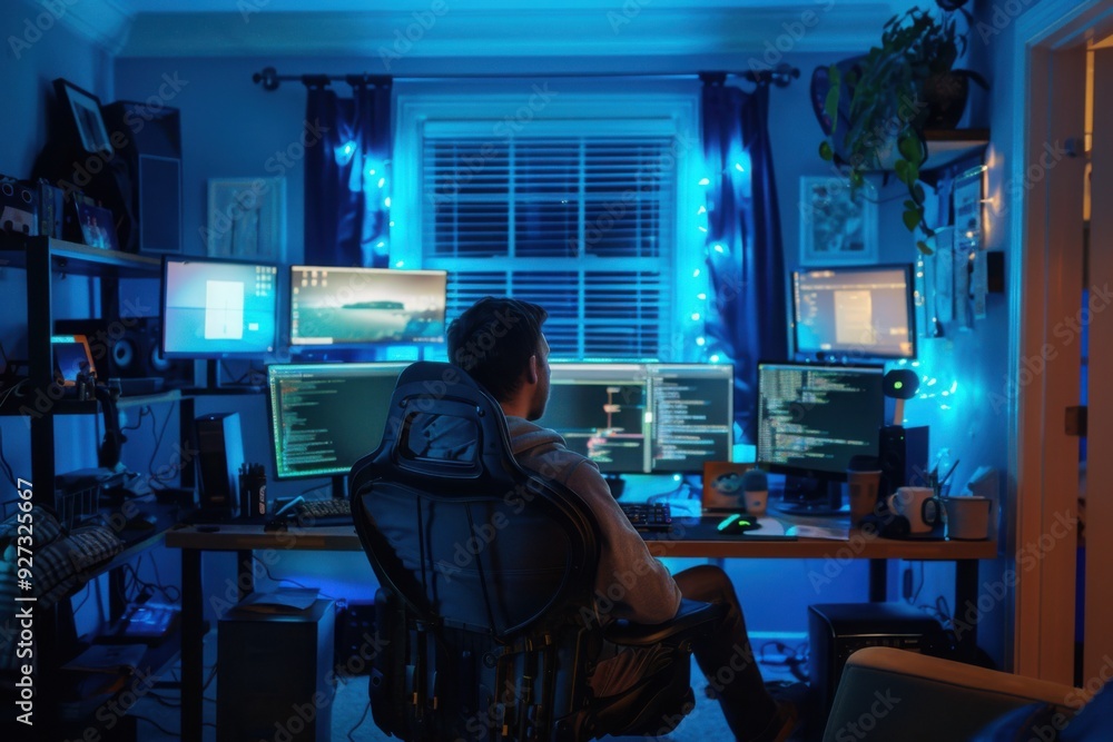 Programmer Working Late in Dimly Lit Office Programmer Working Late in Dimly Lit Office
