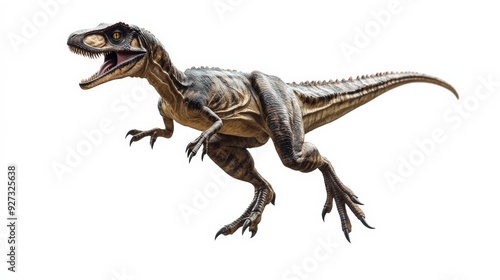 Fierce Velociraptor dinosaur isolated on a white background, showcasing its sharp claws and teeth.