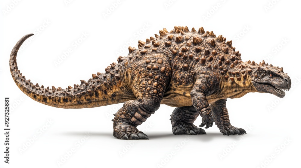 Fototapeta premium High-detailed 3D rendering of an Ankylosaurus dinosaur figure isolated on white background with impressive textures and colors.