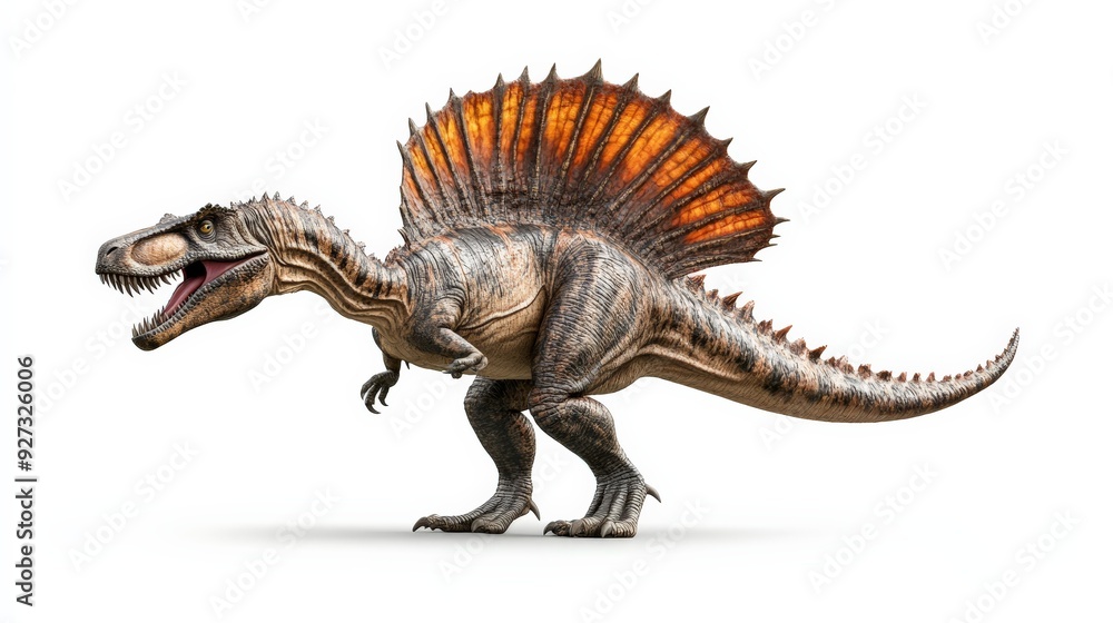 Highly detailed rendering of a Spinosaurus, a prehistoric dinosaur with a distinctive sail on its back, set against a plain white background. Highly detailed rendering of a Spinosaurus, a prehistoric dinosaur with a distinctive sail on its back, set against a plain white background.