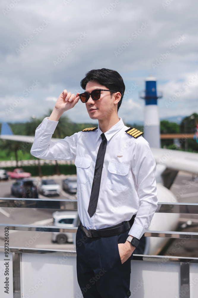 Portrait of a trained airplane captain in uniform preparing to fly. Portrait of a trained airplane captain in uniform preparing to fly.
