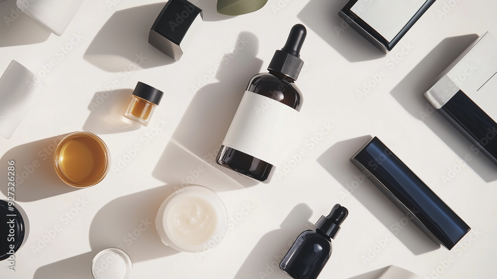 A flat-lay arrangement of skincare and cosmetic products, featuring dark glass dropper bottles, jars, and rectangular containers on a white surface. A flat-lay arrangement of skincare and cosmetic products, featuring dark glass dropper bottles, jars, and rectangular containers on a white surface.