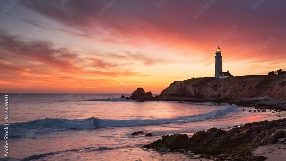 Coastal Sunset with Distant Lighthouse Glow Coastal Sunset with Distant Lighthouse Glow