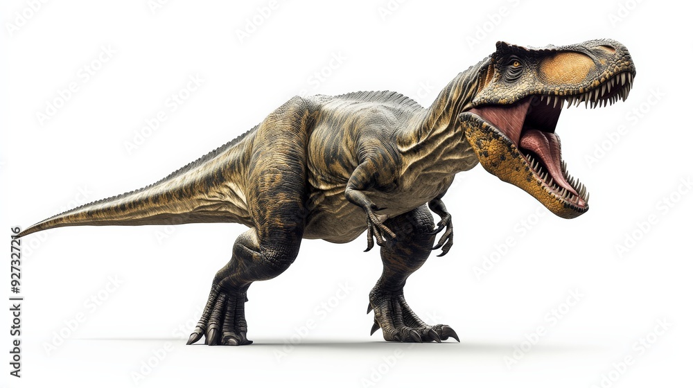 Fototapeta premium High-resolution image of a roaring Tyrannosaurus Rex isolated on white background, showcasing its fearsome teeth and powerful build.