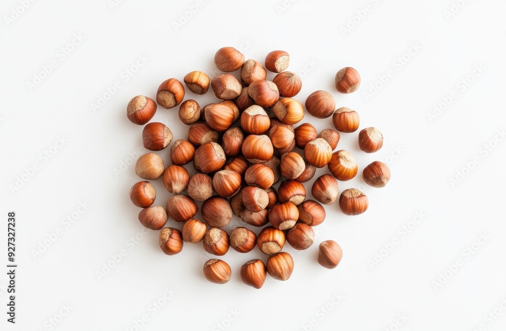 small pile of hazelnuts on a white background