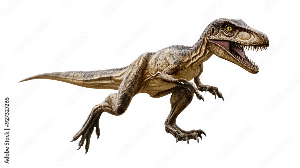Illustration of a carnivorous dinosaur, possibly a Velociraptor, in an aggressive stance on a white background. Illustration of a carnivorous dinosaur, possibly a Velociraptor, in an aggressive stance on a white background.