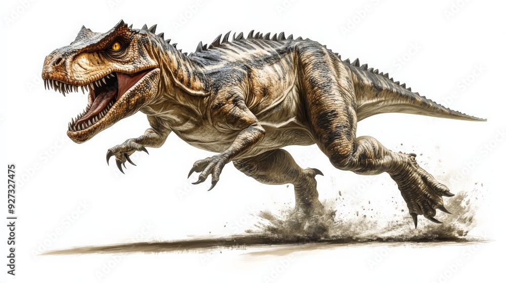 Illustration of a fierce, roaring dinosaur running with dynamic motion, showcasing its powerful physique and sharp teeth. Illustration of a fierce, roaring dinosaur running with dynamic motion, showcasing its powerful physique and sharp teeth.