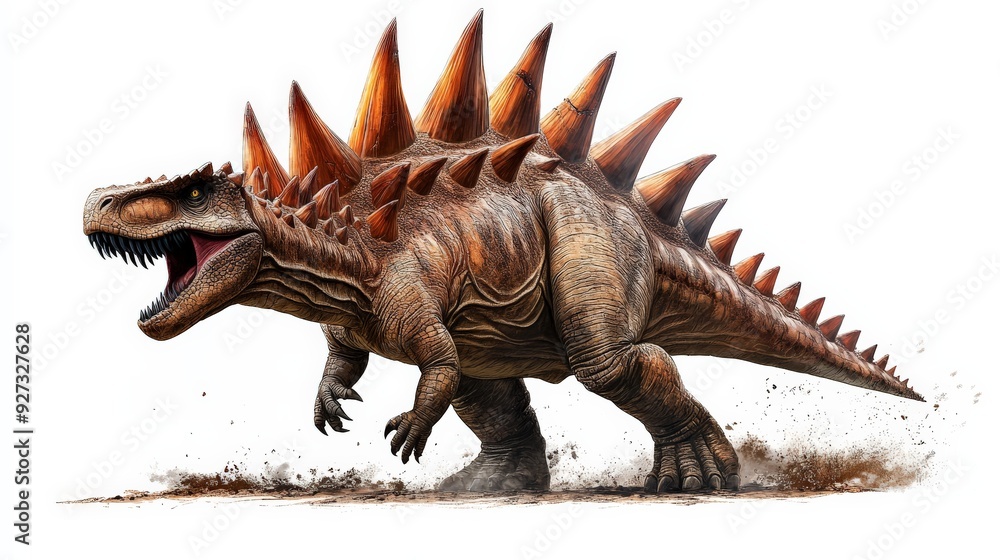 Illustration of a fierce Stegosaurus dinosaur with sharp spikes on its back, roaring and running on a white background. Illustration of a fierce Stegosaurus dinosaur with sharp spikes on its back, roaring and running on a white background.