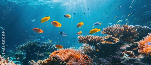 Vibrant underwater scene, tropical fish swimming over a coral reef.