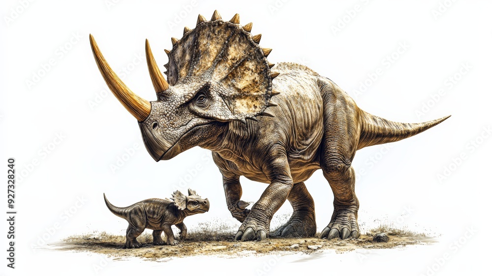 Obraz premium Illustration of a mother Triceratops and her baby, showcasing prehistoric life and dinosaur connection in natural habitat.