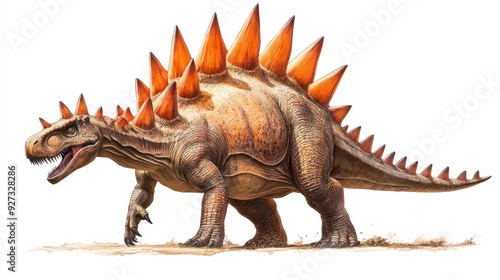 Illustration of a spiked dinosaur with orange plates on its back, showcasing prehistoric wildlife and ancient creatures in detailed artwork.