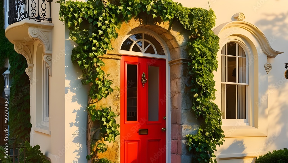 Naklejka premium A bright red painted door in a residential neighborhood, framed by green ivy crawling up the stone archway