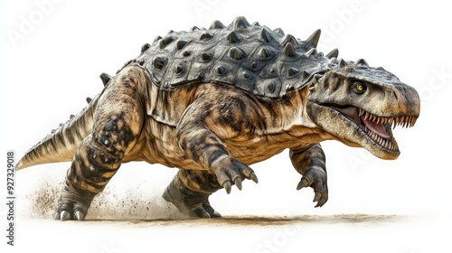 Illustration of an armoured dinosaur in a dynamic pose, showcasing its prehistoric features with a spiked back and strong legs. photo