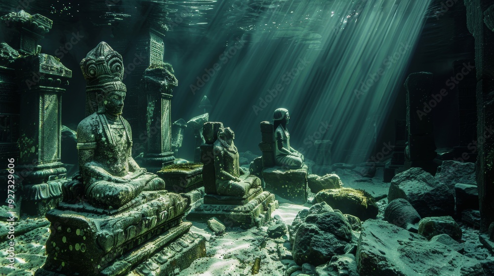 Sunlit ancient underwater temple, moss covered god statues in silent ruins, revealing hidden beauty Sunlit ancient underwater temple, moss covered god statues in silent ruins, revealing hidden beauty