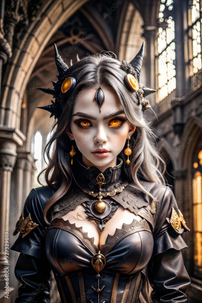 A captivating figure adorned in dark, elaborate clothing with glowing eyes poses confidently in an elaborate Gothic interior, surrounded by arched structures and soft light. Generative AI A captivating figure adorned in dark, elaborate clothing with glowing eyes poses confidently in an elaborate Gothic interior, surrounded by arched structures and soft light. Generative AI